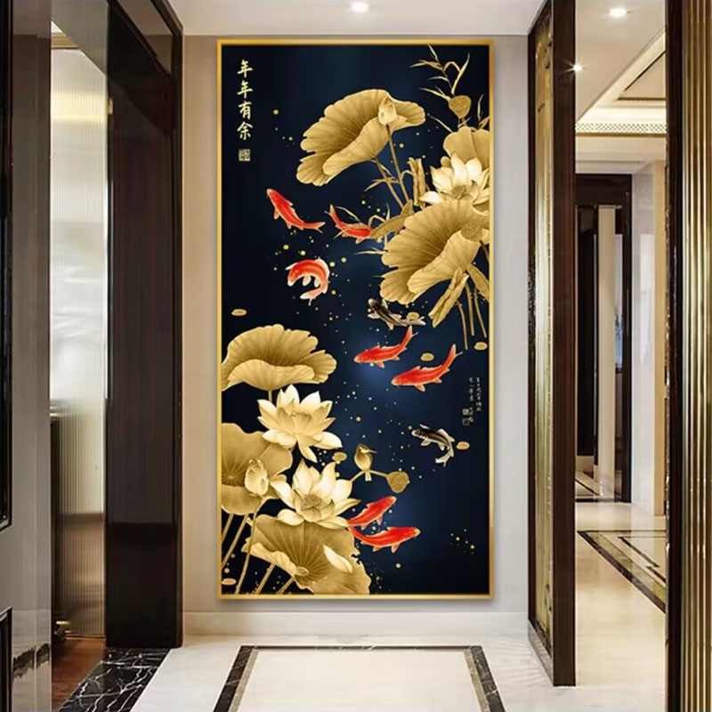 2025新款5d钻石画满钻荷花九鱼图客厅玄关竖版点贴钻十字绣砖石绣