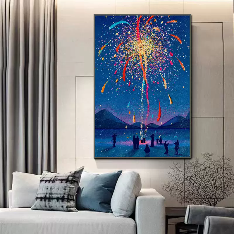 海边烟花十字绣2025新款满钻手工钻石贴画带相框客厅装饰画