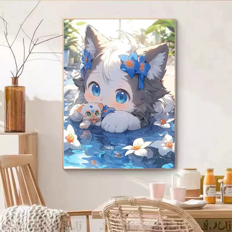 河上动物小猫咪钻石画2025新款满钻手工diy点贴绣带框客厅装饰画,居家布艺,钻石绣,淘宝优惠券,粉丝福利购,淘宝优惠卷