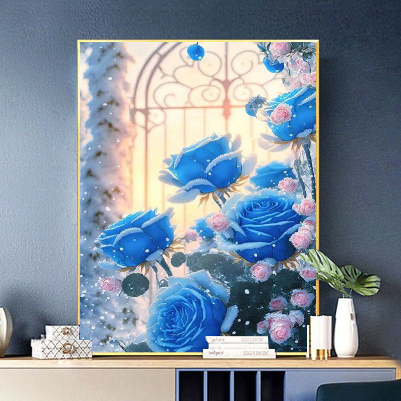 花卉蓝玫瑰花2025新款钻石画满钻diy手工钻石贴带相框客厅装饰画,居家布艺,钻石绣,淘宝优惠券,粉丝福利购,淘宝优惠卷