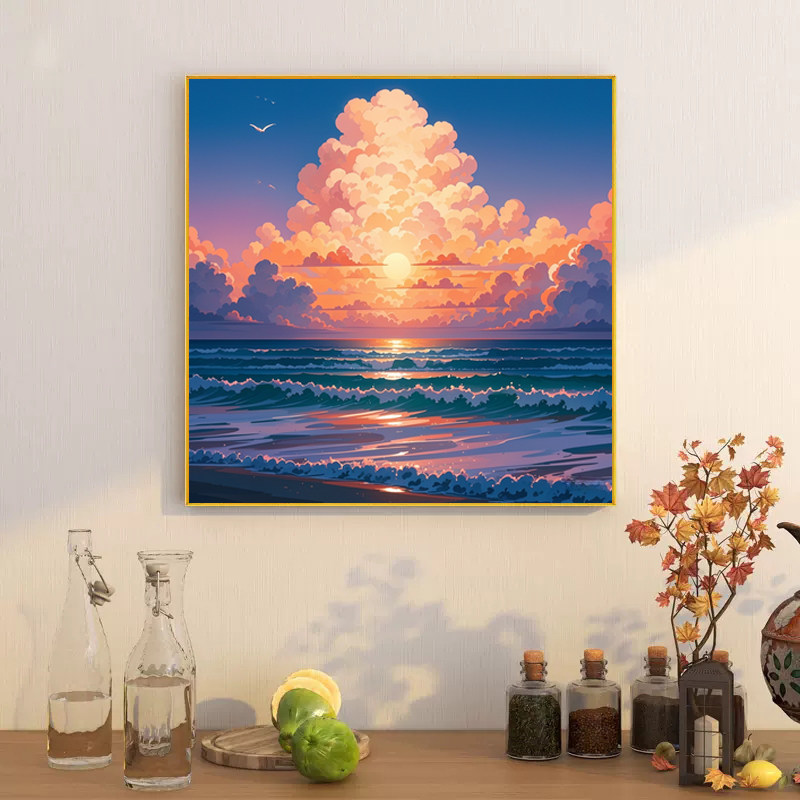 海边日出十字绣2025新款满钻diy手工钻石贴带相框客厅装饰画