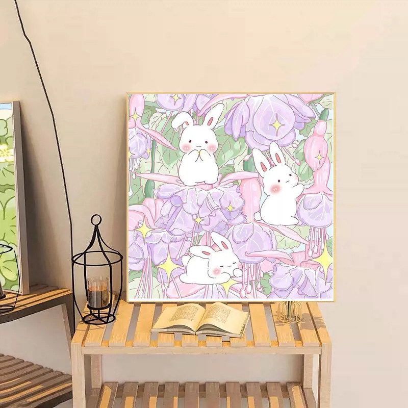 可爱兔子花卉钻十字绣2025新款diy手工贴钻带相框卧室装饰画,居家布艺,钻石绣,淘宝优惠券,粉丝福利购,淘宝优惠卷