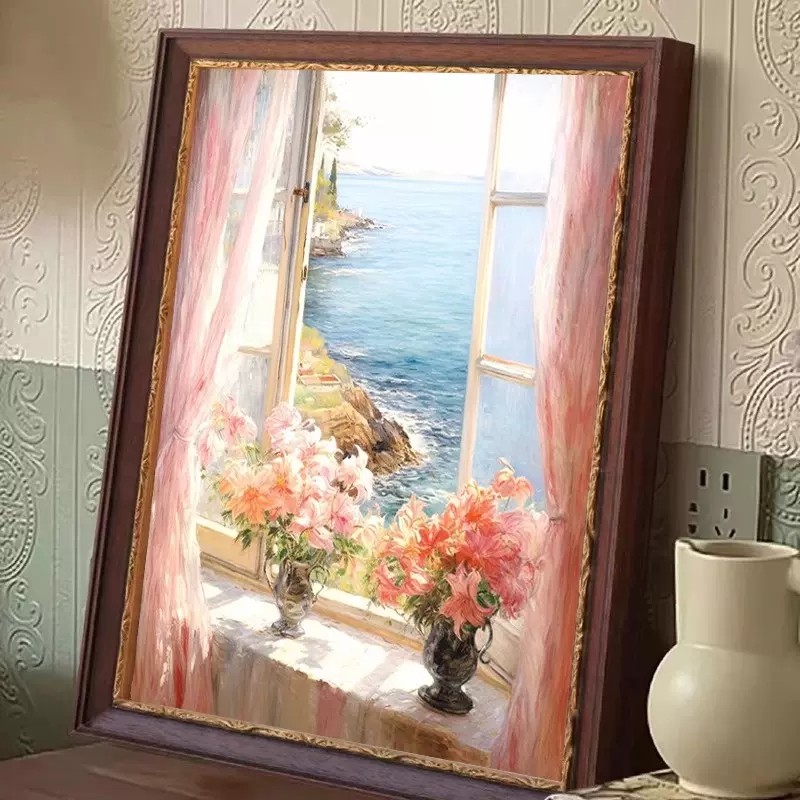 粉色窗台海边钻石贴画2025新款满钻手工diy点贴画带框客厅装饰画,居家布艺,钻石绣,淘宝优惠券,粉丝福利购,淘宝优惠卷