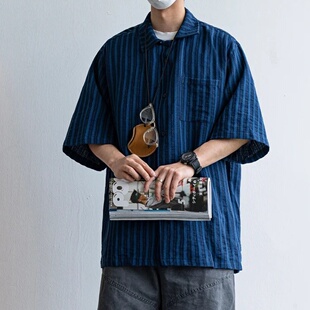 壹番ICHIBAN 日系复古蓝 古巴领设计 五分袖纯棉宽松短袖衬衫男女
