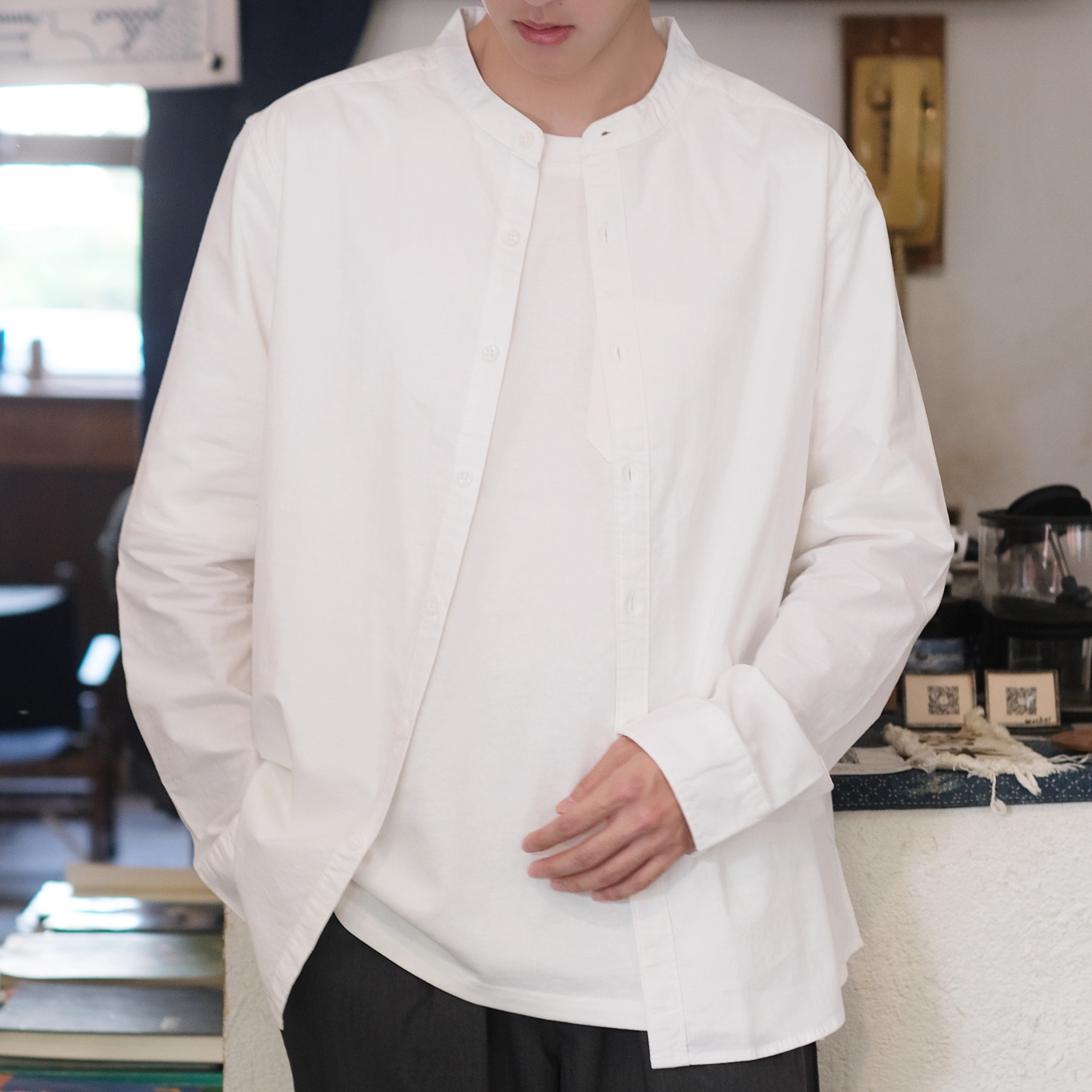 壹番ICHIBAN 日系复古亨利领米白色衬衫 棉麻 宽松春款长袖衬衣男