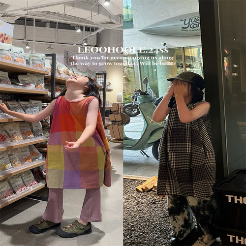 LEOOHOOLE | 哦哦乐 时髦精 棉麻小细格子水桶背心连衣裙