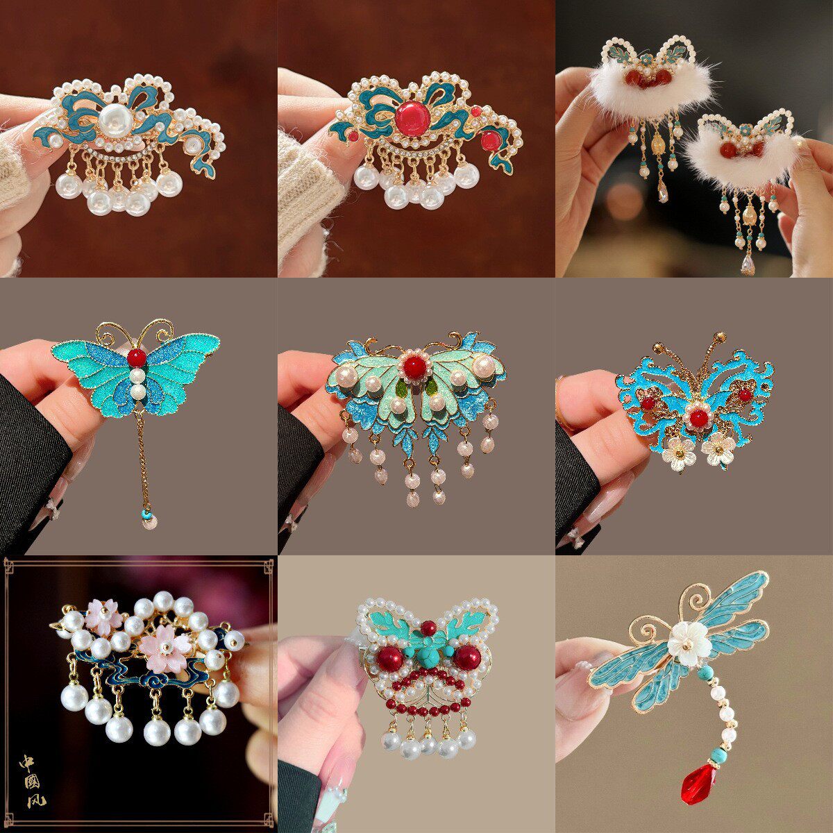 醒狮流苏蝴蝶结发夹女前额新年边夹汉服古风珍珠儿童红色拜年头饰