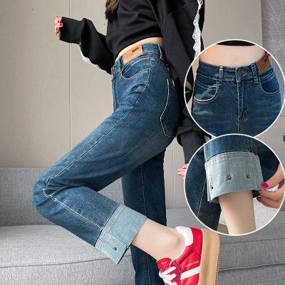 复古烟管牛仔裤女小个子九分直筒