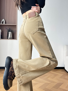 卡其色工装微喇牛仔裤女2025秋季老钱风简约弹力女士休闲喇叭裤子