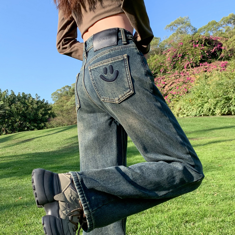 复古窄版阔腿牛仔裤女2025年夏季新款高腰水泥灰刺绣拖地直筒裤子