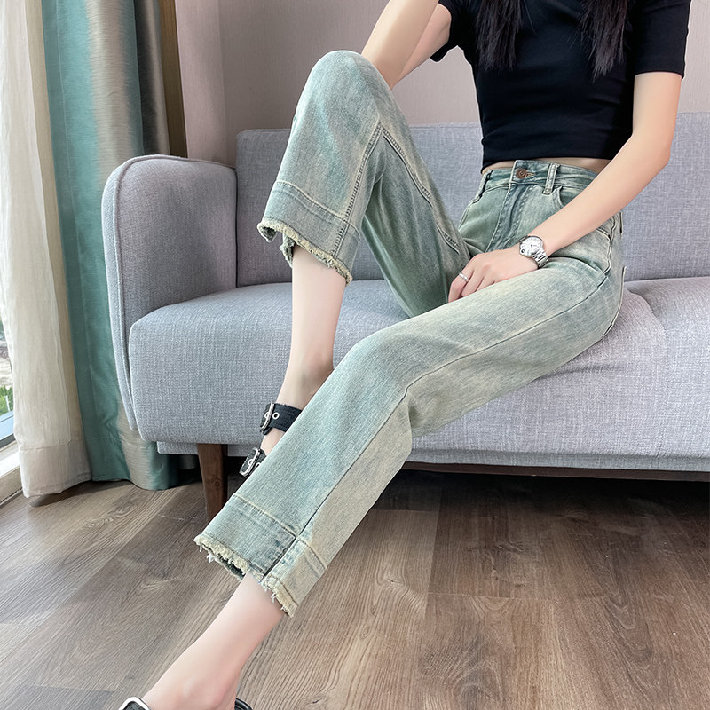 浅色开叉直筒牛仔裤女2026秋季九分毛边弹力紧身小个子八分烟管裤