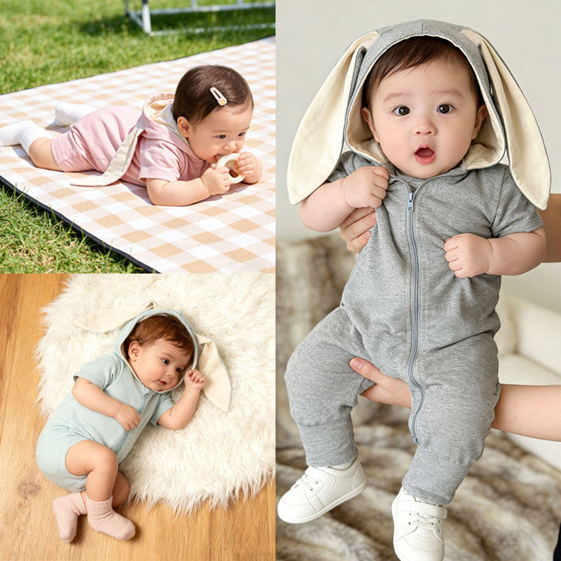 韩版男女宝宝夏季薄款大耳朵兔子哈衣婴儿短袖爬服ins风连体衣服