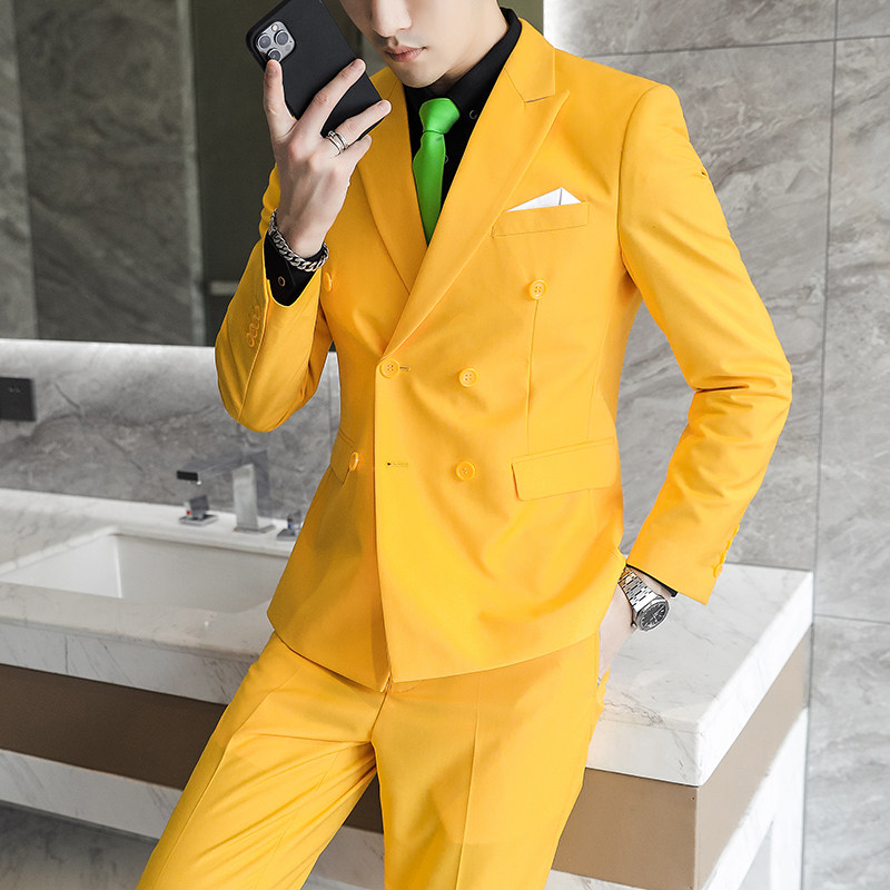 主推款模特男士大码西服三件套双排扣10个色外贸跨境7110黄色p188,男装西服,星座1616