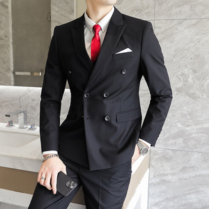 主推款模特男士大码西服三件套双排扣10个色外贸跨境7110黑色p188图片