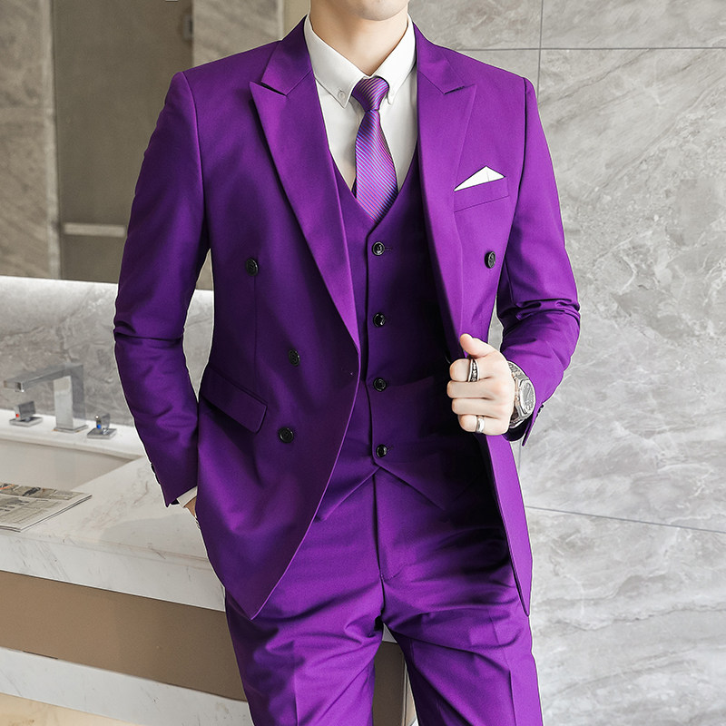 主推款模特男士大码西服三件套双排扣10个色外贸跨境7110紫色p188,男装西服,星座1616