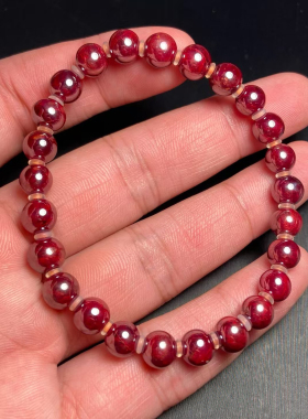 天然原矿朱砂全透光晶体手工打磨7毫米圆珠手链颗颗全透光收藏级