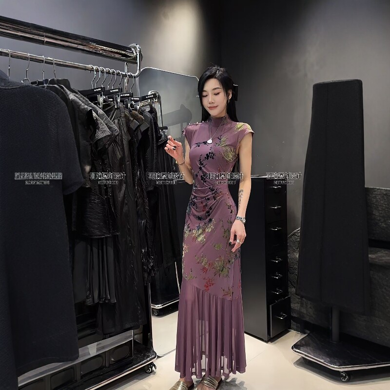 褶皱显瘦国风立领拼网纱连衣裙女