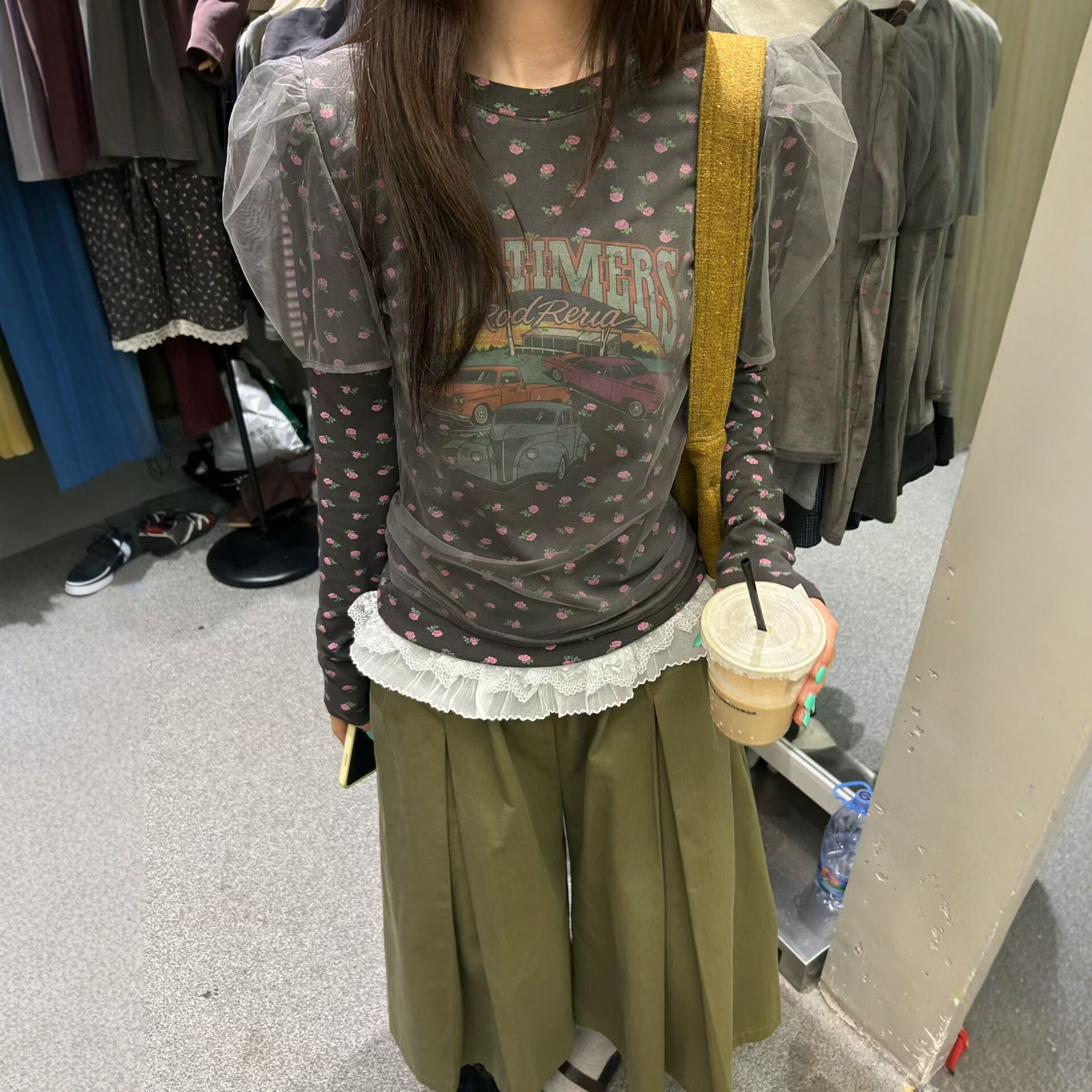 欧根纱双层假两件长袖T恤女碎花