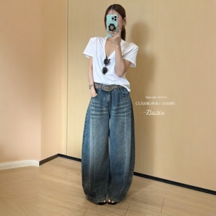 ZM弯刀牛仔裤女2026春季新款欧洲站水洗做旧时尚阔腿浅色牛仔裤潮