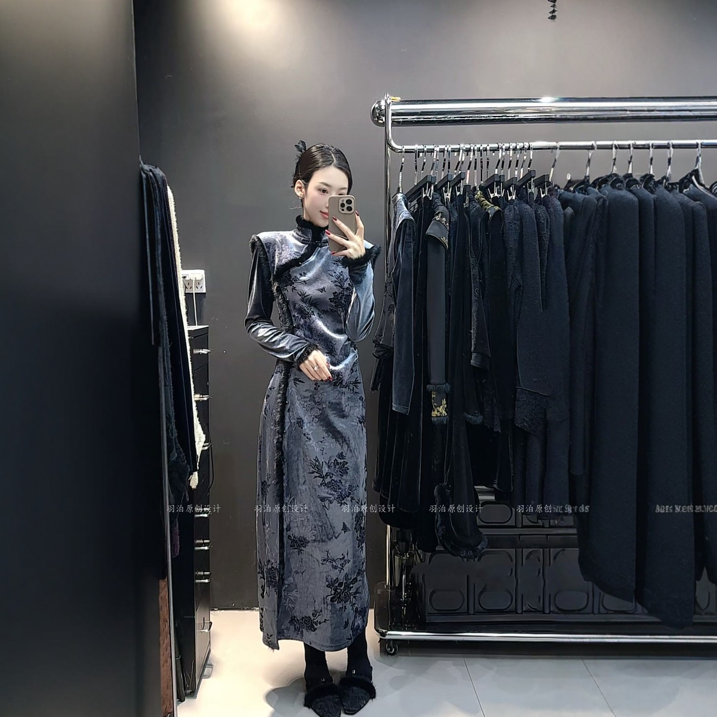 拼兔毛丝绒提花新中式国风连衣裙