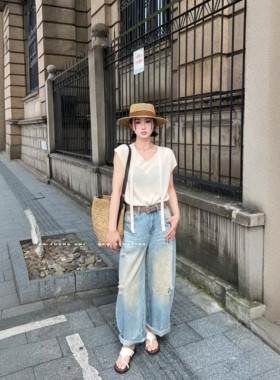 ZM破洞弯刀牛仔裤女2026春夏新款欧洲站做旧加长版阔腿拖地裤子潮