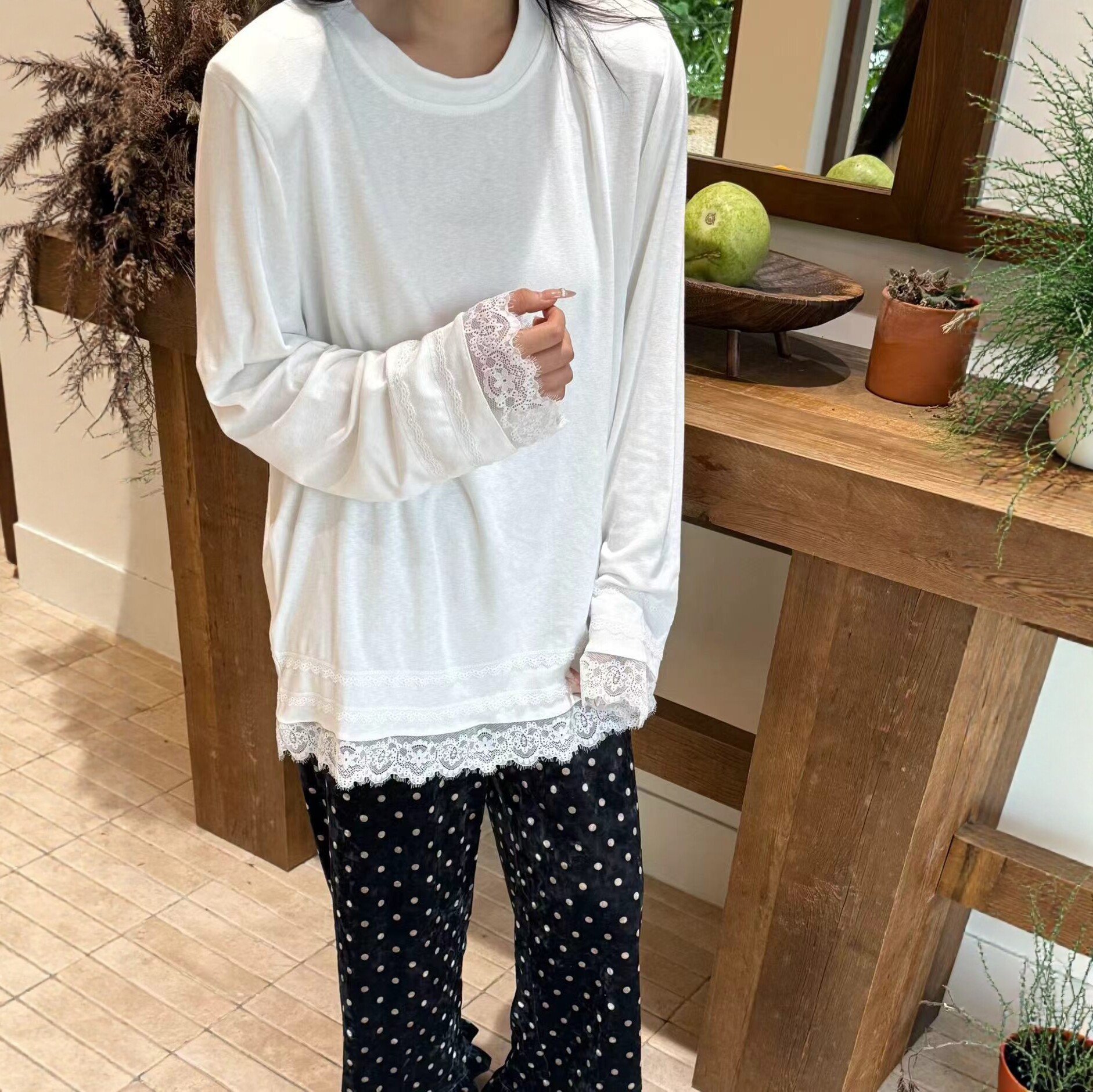 欧货拼蕾丝百搭中长款T恤上衣女