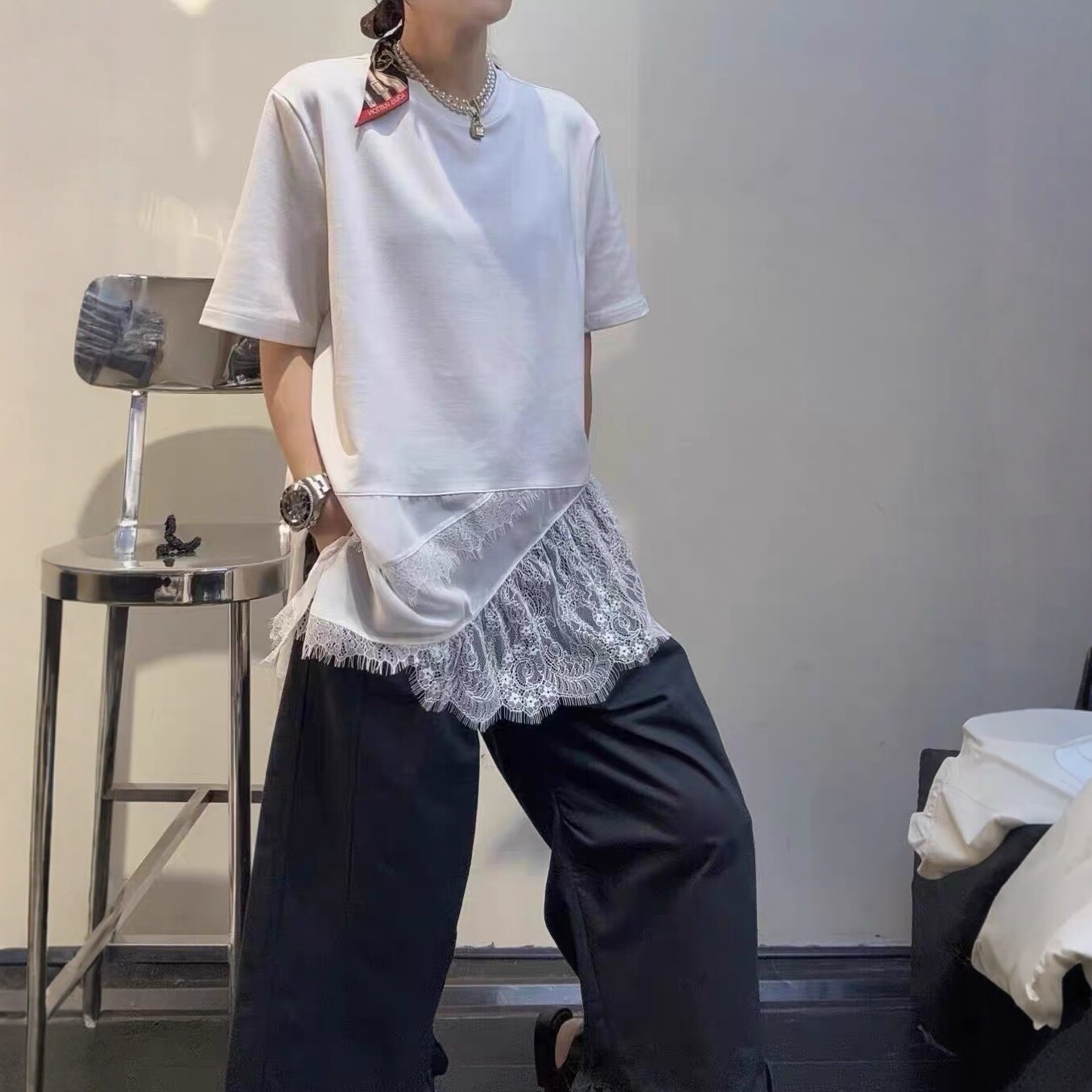 超仙甜美蕾丝雪花棉短袖白t恤女