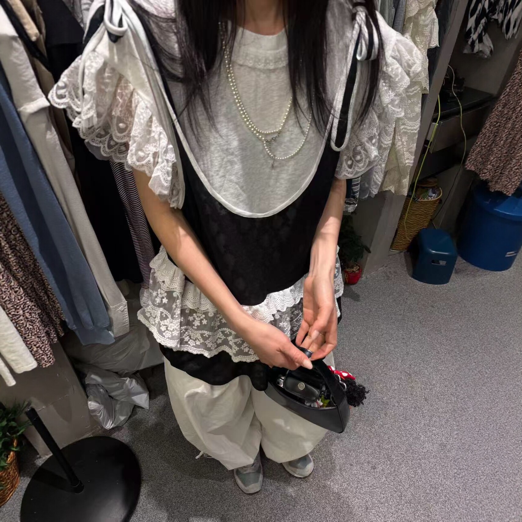 欧洲站2026春夏新款蕾丝拼接短袖T恤女荷叶边吊带背心两件套上衣