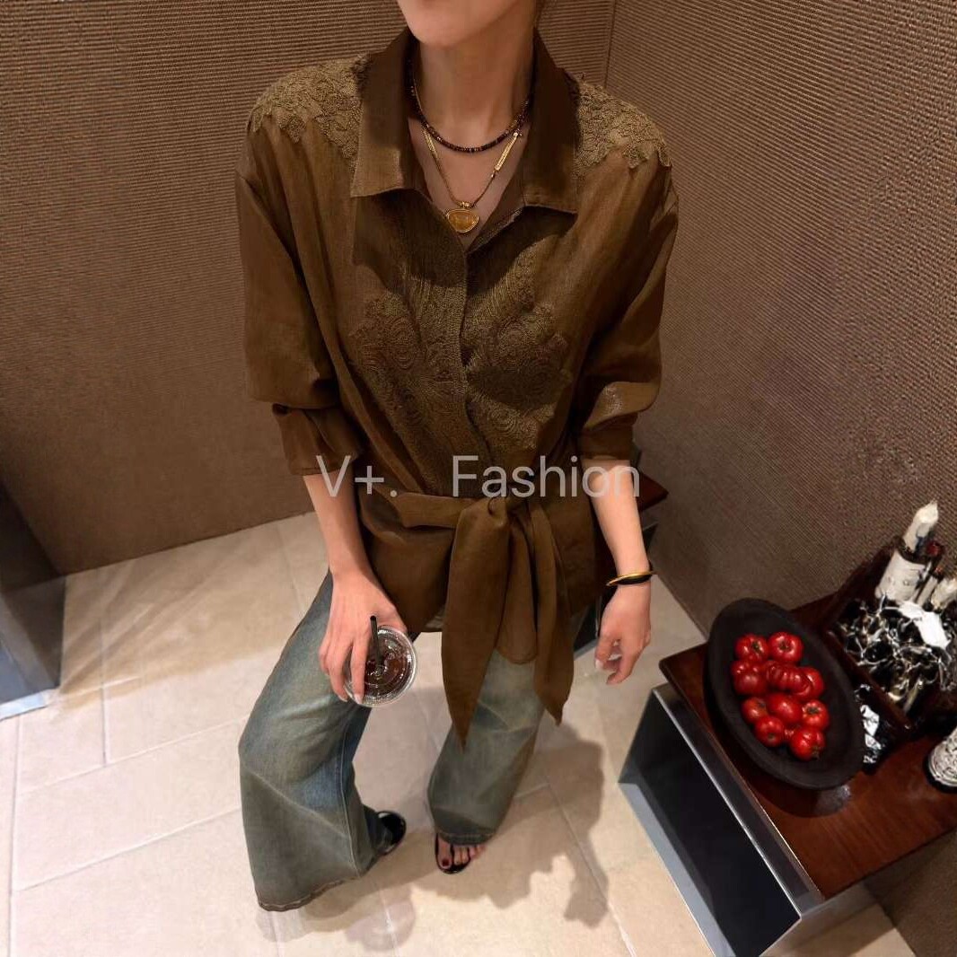 胸前蕾丝刺绣翻领衬衫女绑带衬衣