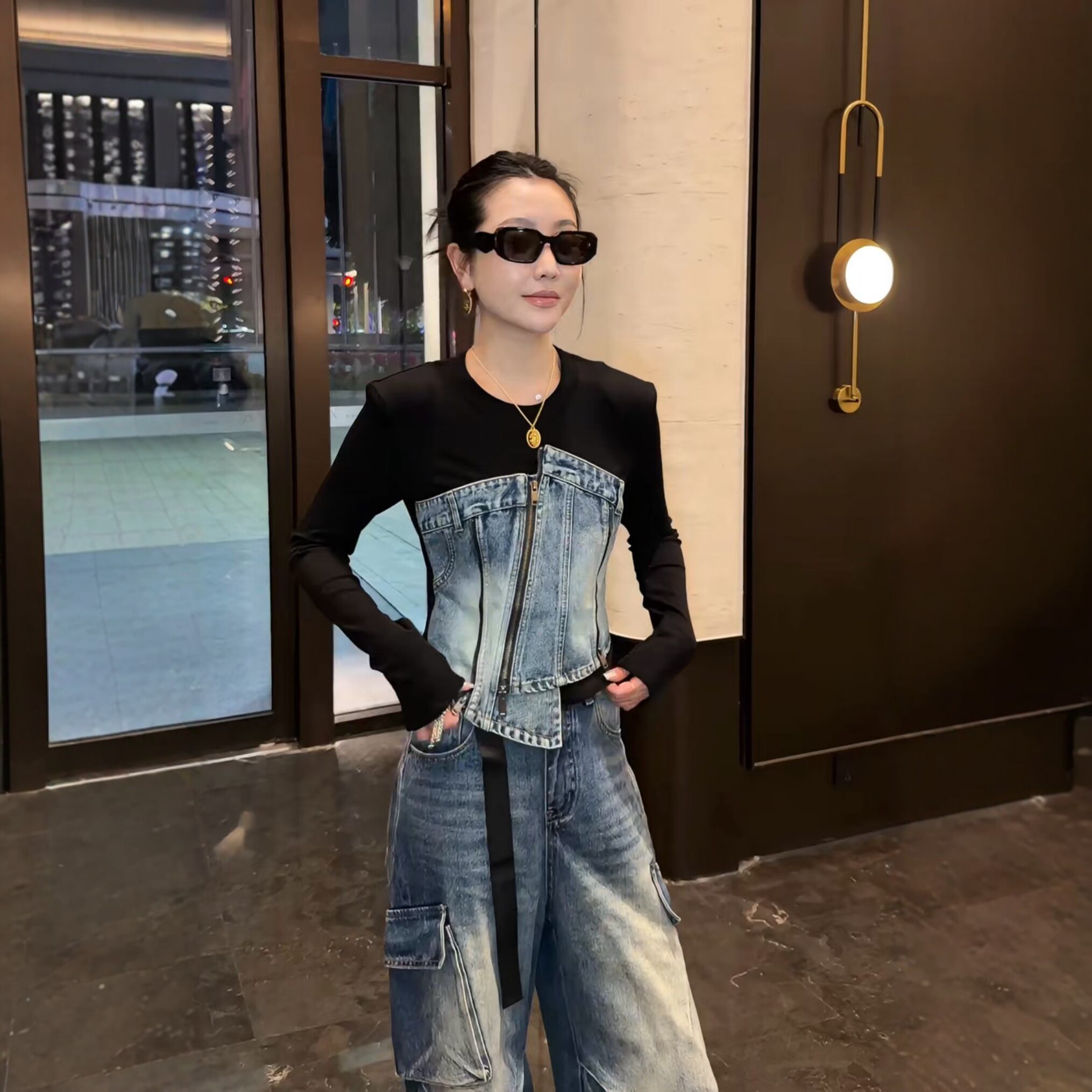 圆领拼牛仔假两件长袖t恤女2026