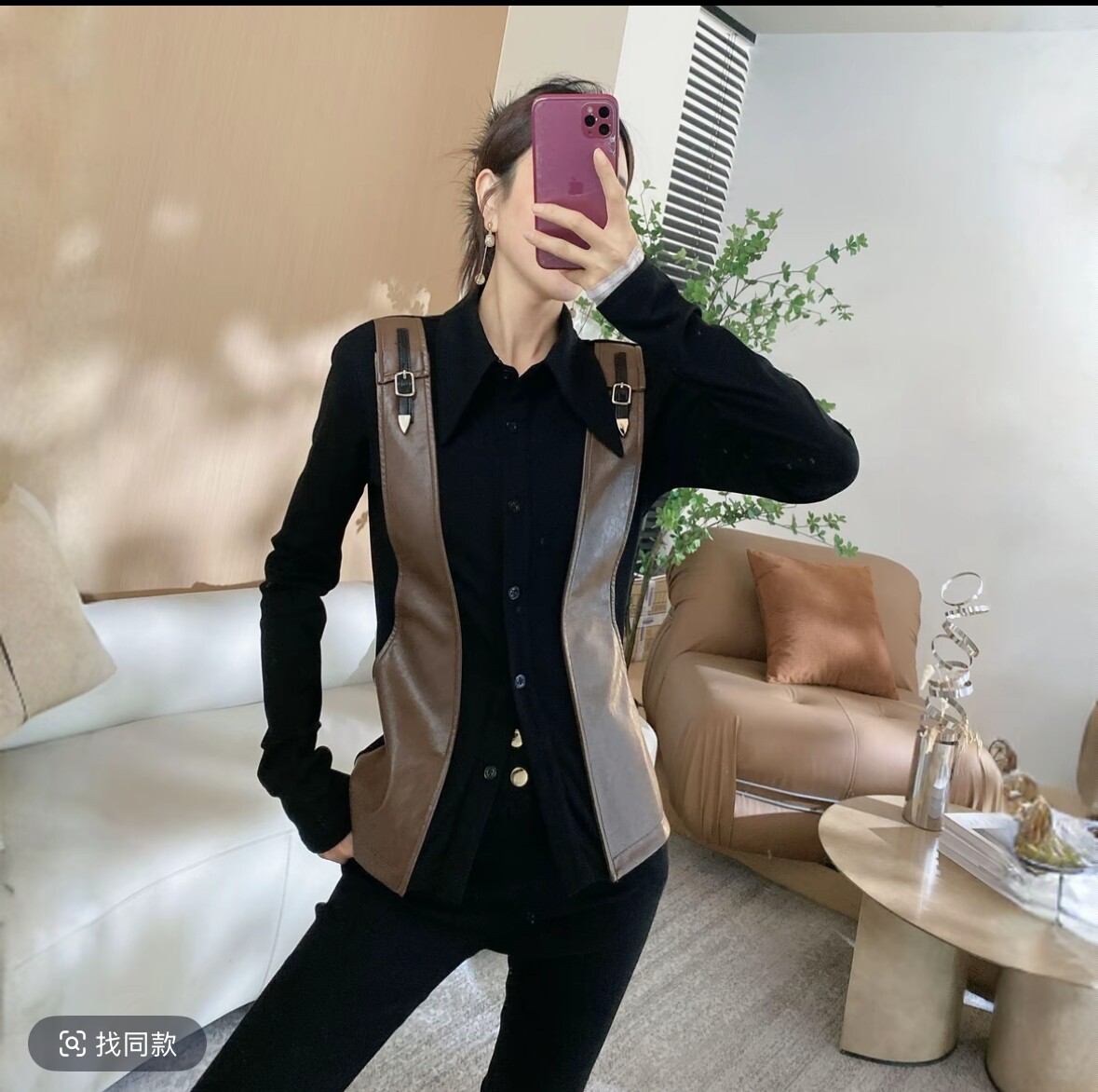 小众翻领拼pu皮假两件单排扣T恤