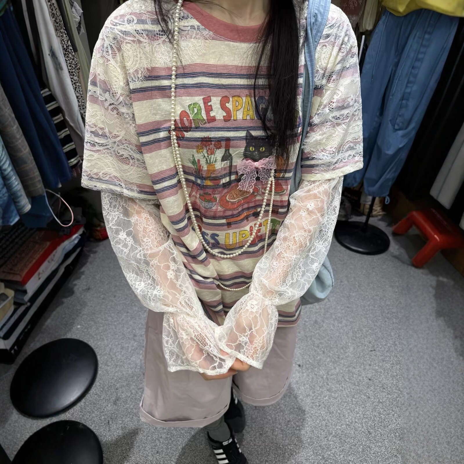 圆领长袖假两件T恤女条纹上衣潮