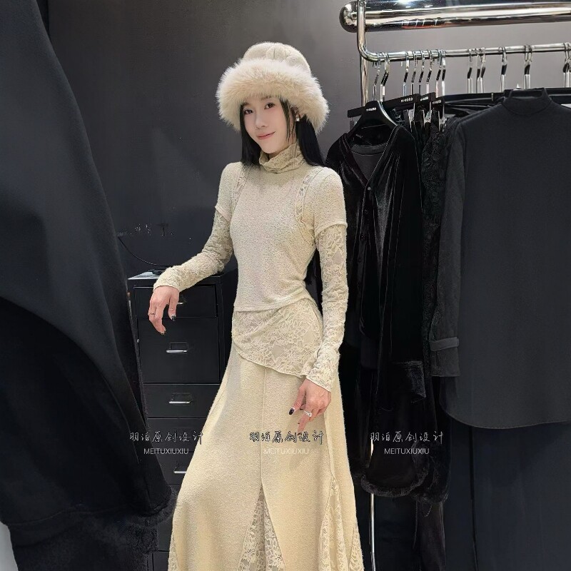 堆堆领拼接蕾丝袖假两件t恤女潮