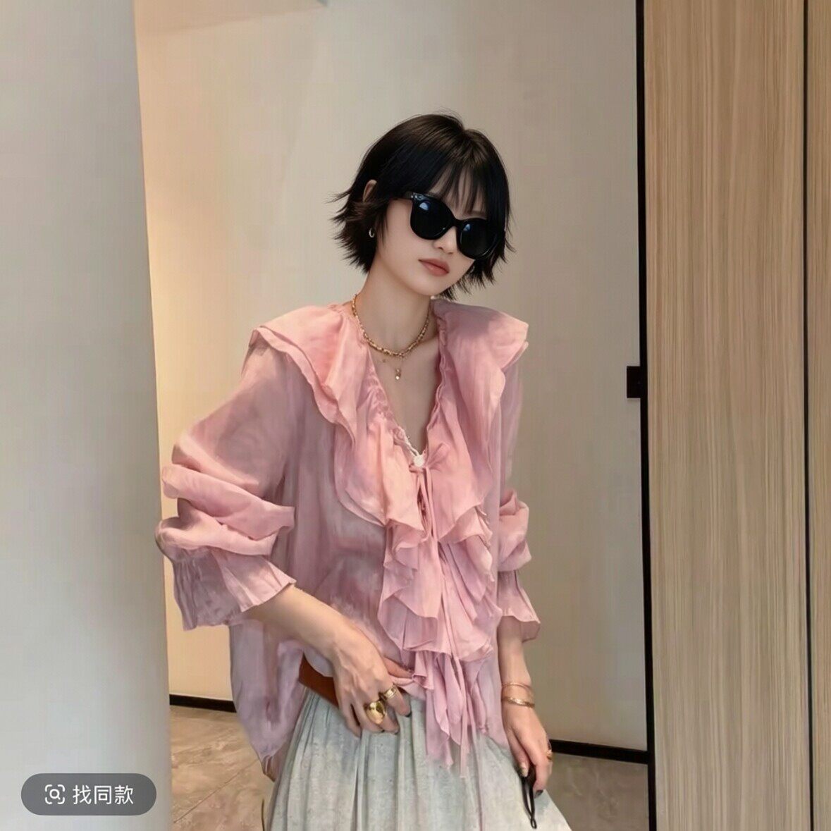 新V领荷叶边苎麻长袖衬衫女上衣