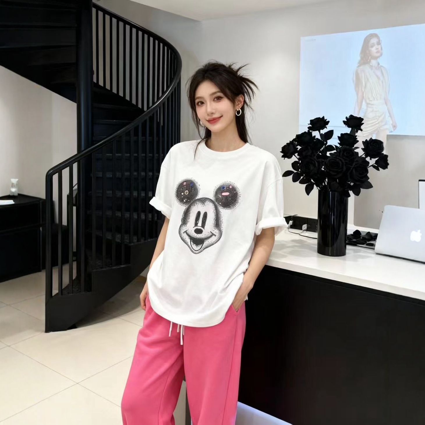 卡通米奇重工烫钻短袖t恤女2025