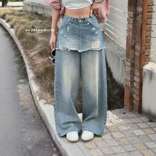 ZM假两件阔腿烫钻牛仔裤女2026新款春季欧洲站磨破宽松直筒长裤潮