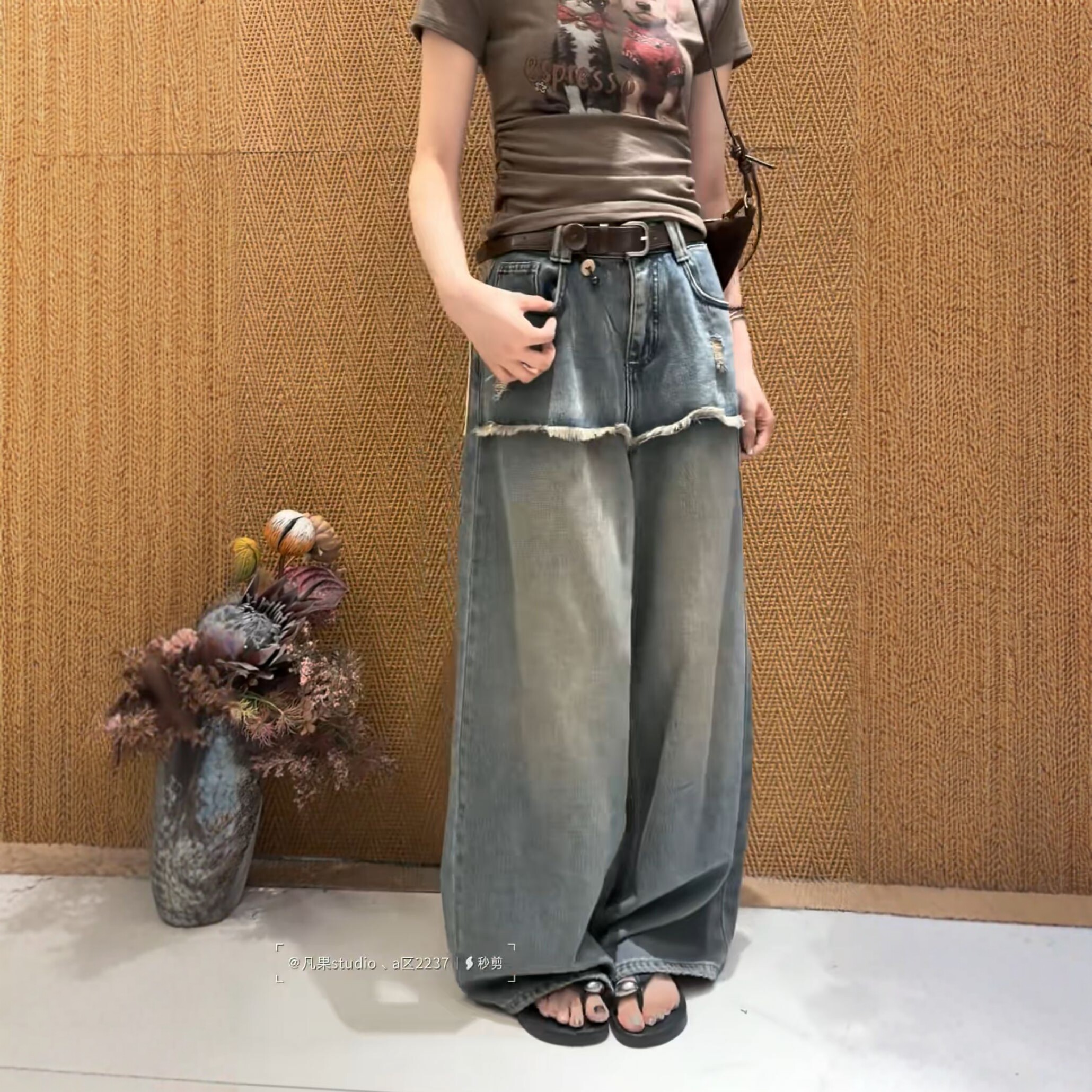 ZM美式复古洗水假两件牛仔裤女2026早秋新款欧洲站牛仔阔腿裤潮