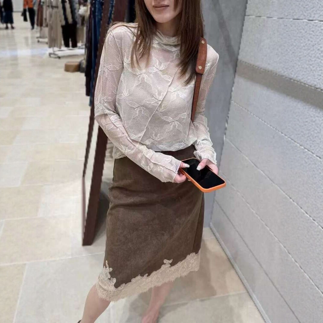 欧货高领蕾丝拼接宽松长袖T恤女