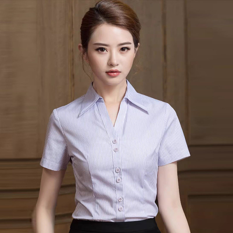 条纹衬衫女短袖职业装工作服蓝白上衣工装气质高级感粉色衬衣春秋