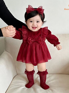 婴儿公主裙春秋装长袖包屁哈衣裙女宝宝周岁百日宴礼服红色拜年服