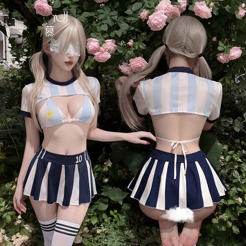 霏慕&谜姬绿茵场足球宝贝三角杯露胸T恤印花短裙制服套装ZY180