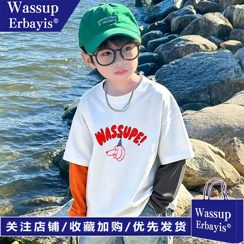 男童假两件长袖儿童纯棉T恤
