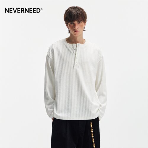 NEVERNEED肌理感条纹T恤男女秋季美式cleanfit亨利领长袖打底上衣