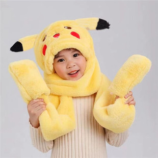 儿童帽子围巾手套三件一体套秋冬季男女宝宝护耳捏皮卡丘耳朵会动