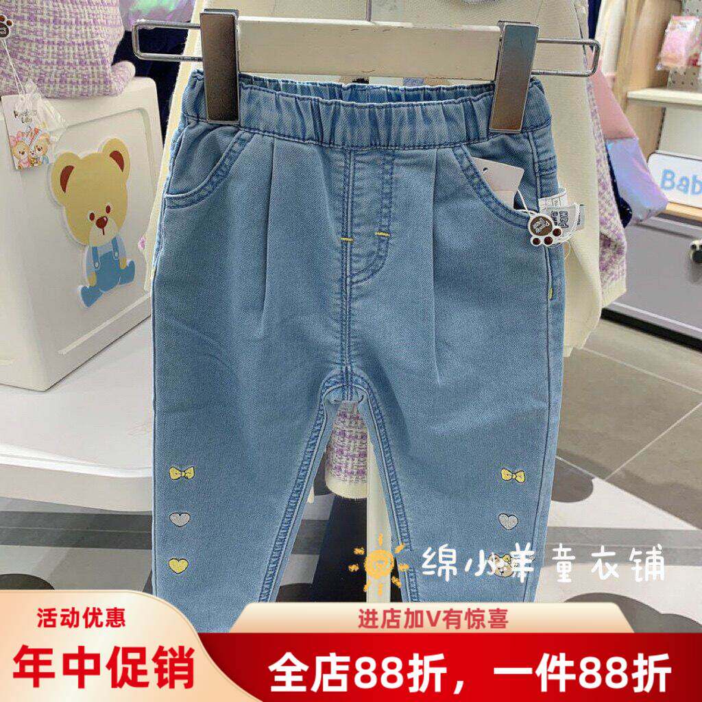 2022年春款女童婴童小熊印休闲牛仔长裤