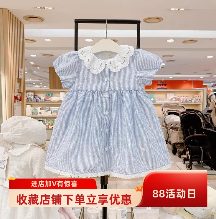 验货2025夏季新款小木马童装女宝蕾丝领蓝色衬衫田园风婴儿连衣裙