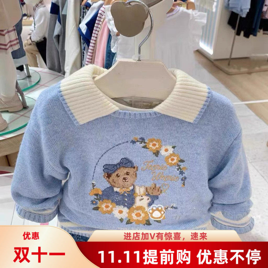 验货2024秋季新款公主女童甜美刺绣翻领套头毛衣针织衫