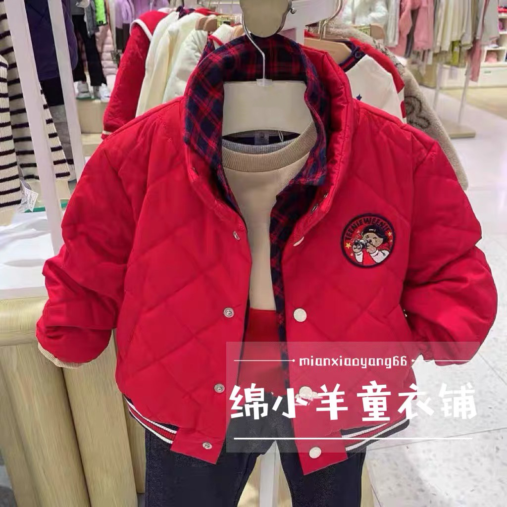 验货2025秋季新款小熊童装男童帅气新年款红色假两件棉服外套