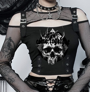 Museum暗黑风吊带印花上衣网纱袖 Pain 痛苦x博物馆