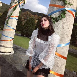 泫雅明星FLOWER SHOWER打歌服同款白色泡泡灯笼袖超仙蕾丝上衣女